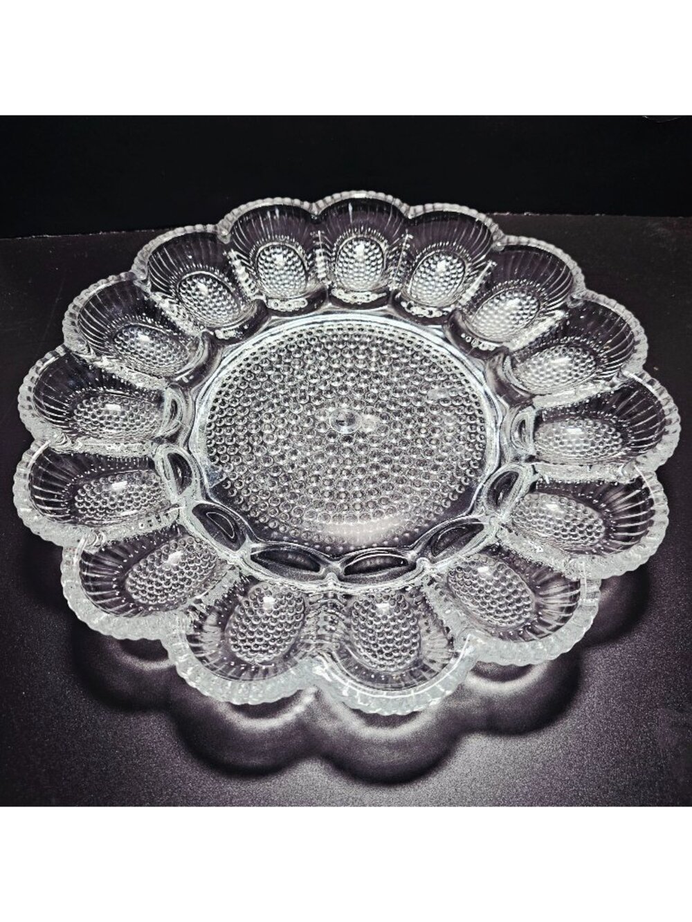 Indiana Glass Hobnail Deviled Egg Plate 11" platter tray 1970s vtg serves 15